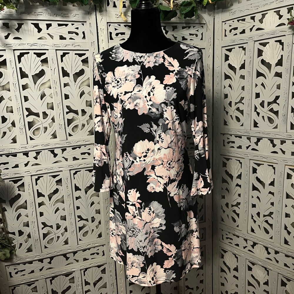 TOMMY HILFIGER CLASSY BLACK & LARGE PINK FLOWERS LONG BELL SLEEVES MIDI DRESS